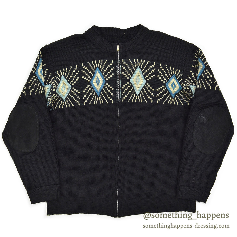 1950's UNUSUAL DIAMONDS PATTERN ZIP-UP SWEATER / BLACK...