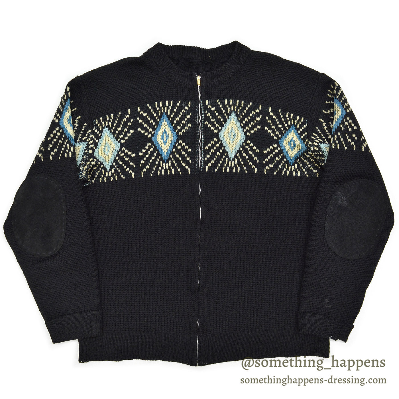 1950's UNUSUAL DIAMONDS PATTERN ZIP-UP SWEATER / BLACK ...