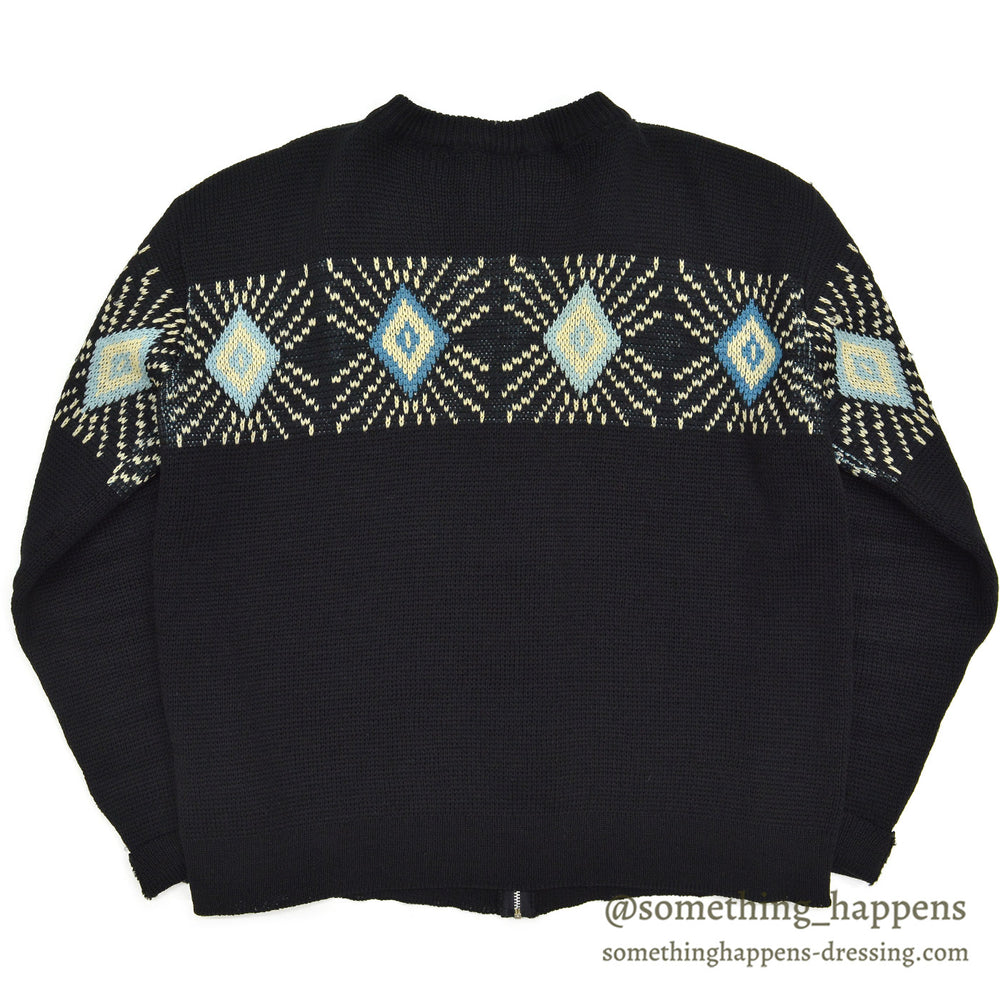 1950's UNUSUAL DIAMONDS PATTERN ZIP-UP SWEATER / BLACK...