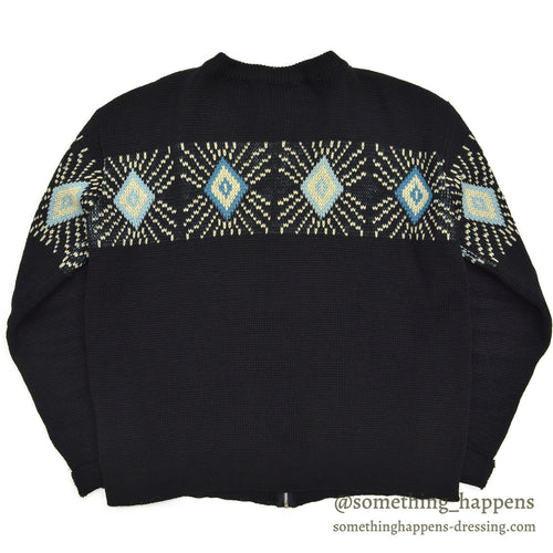 1950's UNUSUAL DIAMONDS PATTERN ZIP-UP SWEATER / BLACK...