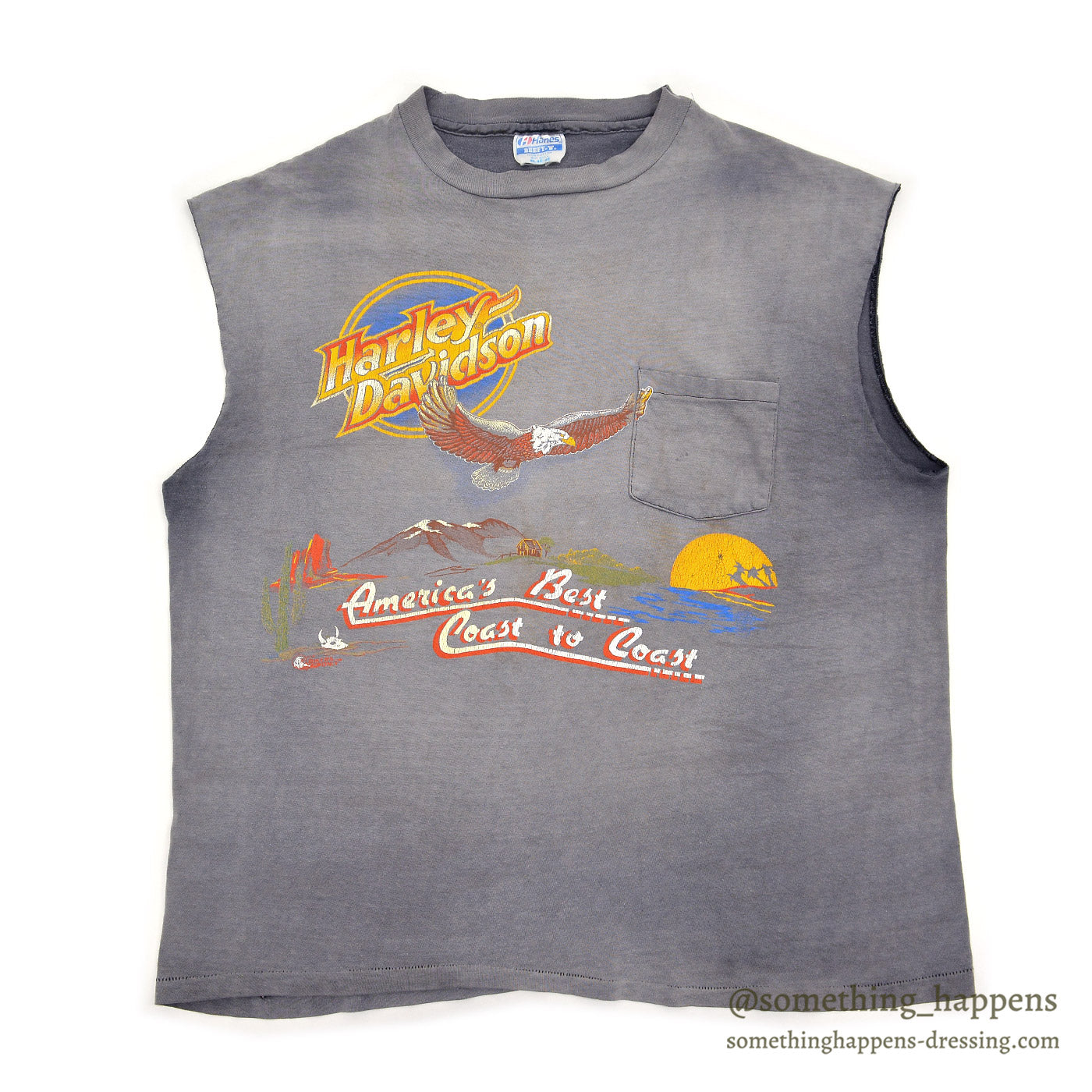 1980's~ HANES HARLEY DAVIDSON CUT-OFF SLEEVELESS TEE / SUN FADED ... XL