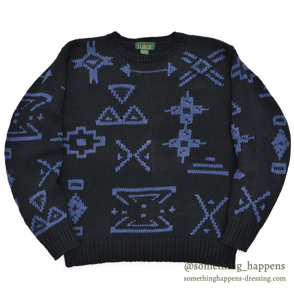 1980's J.CREW NATIVE PATTERN LINEN COTTON SWEATER / BLACK AND BLUE ... M
