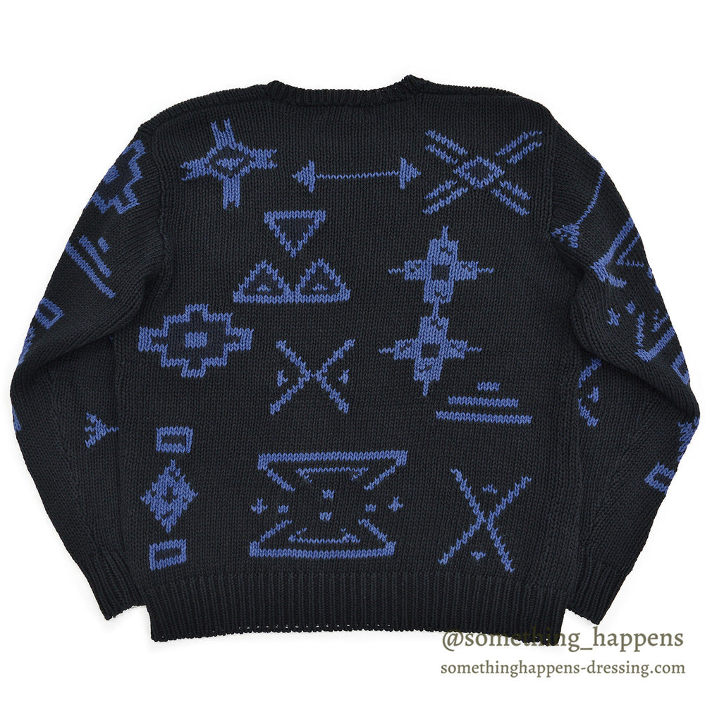1980s J.CREW NATIVE PATTERN LINEN COTTON SWEATER / BLACK AND BLUE ... M