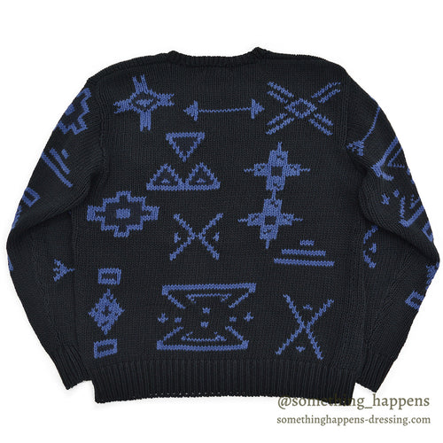 1980s J.CREW NATIVE PATTERN LINEN COTTON SWEATER / BLACK AND BLUE ... M