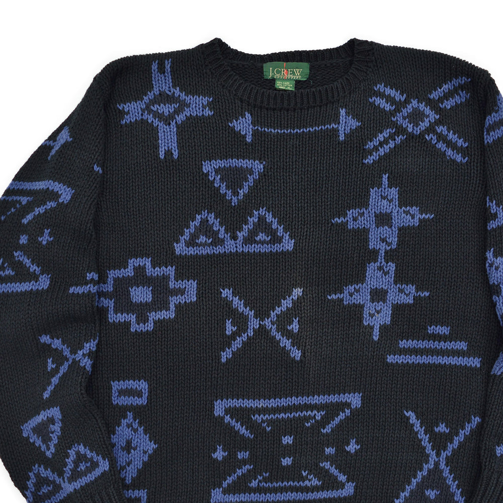 1980s J.CREW NATIVE PATTERN LINEN COTTON SWEATER / BLACK AND BLUE ... M