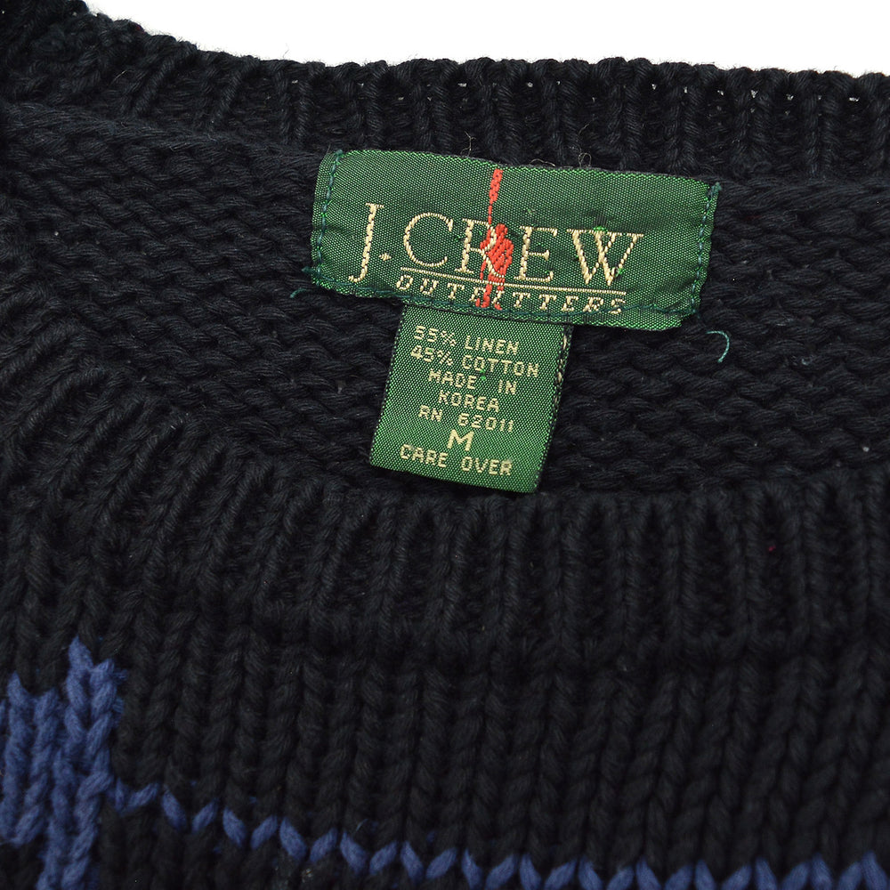1980s J.CREW NATIVE PATTERN LINEN COTTON SWEATER / BLACK AND BLUE ... M