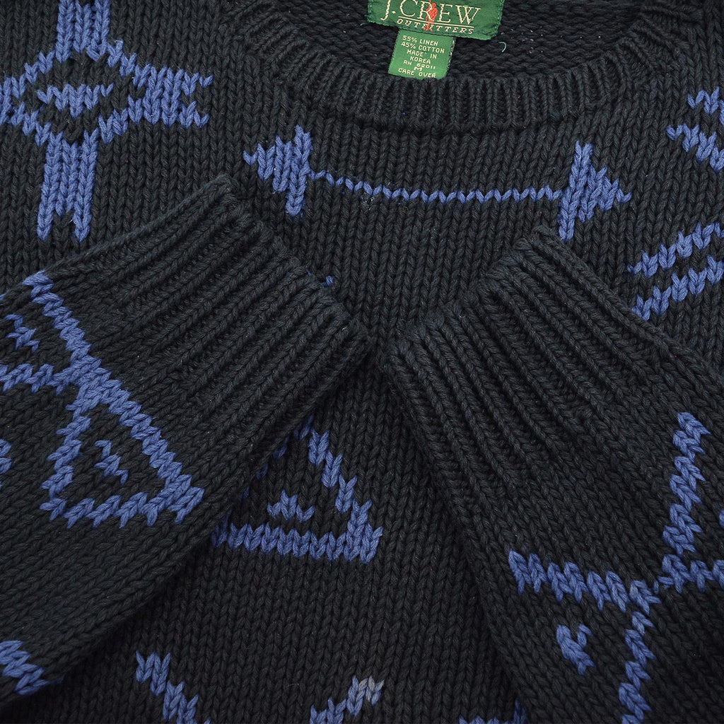1980's J.CREW NATIVE PATTERN LINEN COTTON SWEATER / BLACK AND BLUE ... M