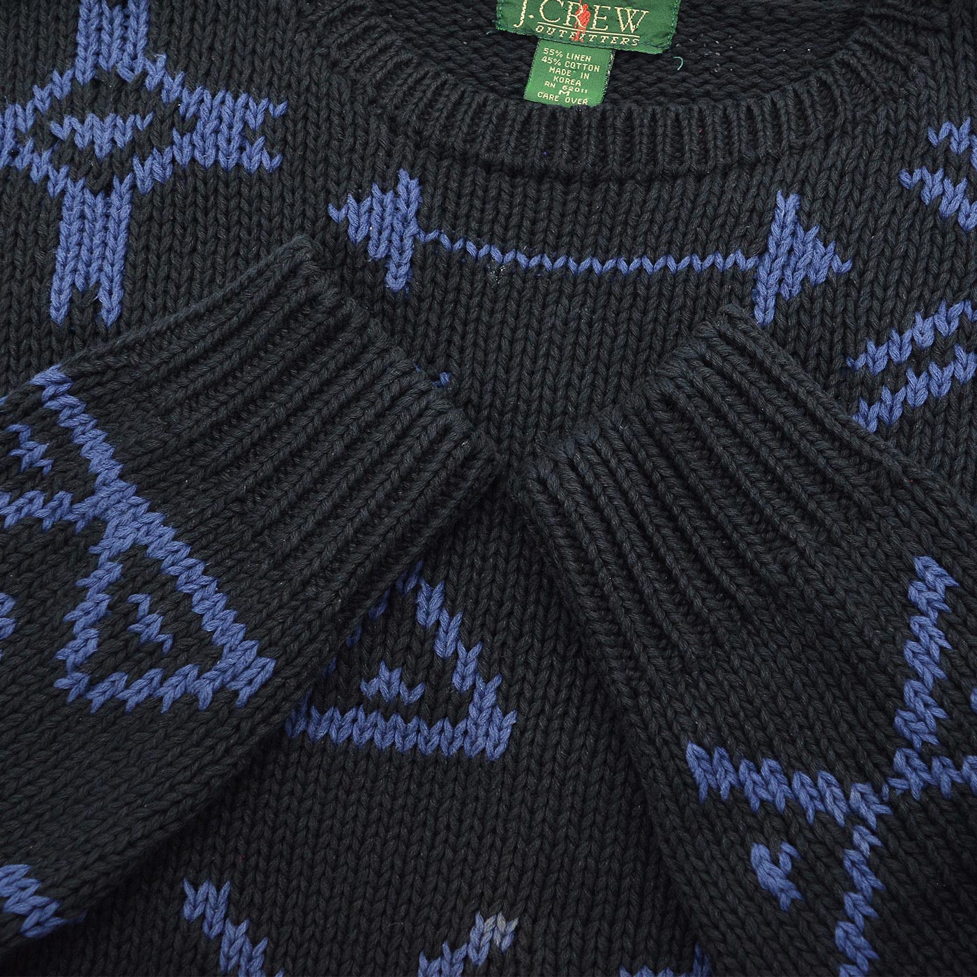 1980's J.CREW NATIVE PATTERN LINEN COTTON SWEATER / BLACK AND BLUE ... M