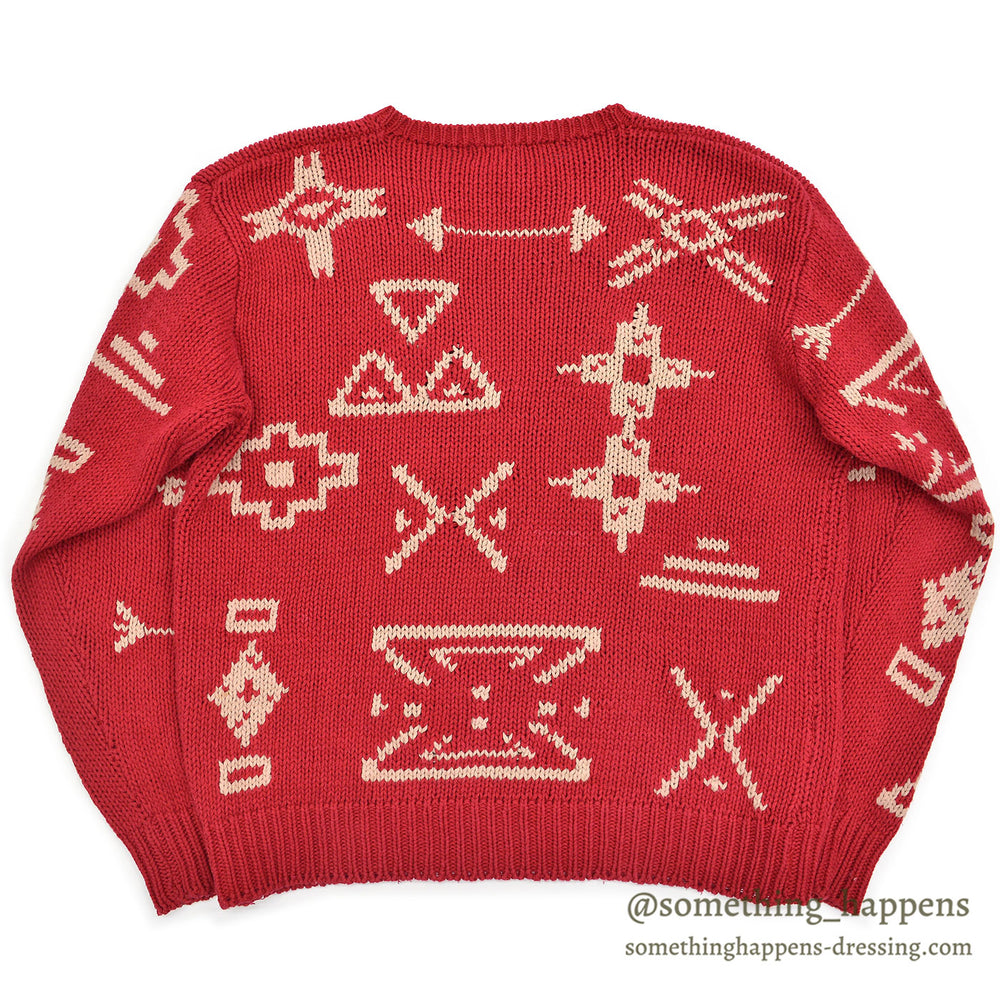 1980s J.CREW NATIVE PATTERN LINEN COTTON SWEATER / RED AND WHITE ... M