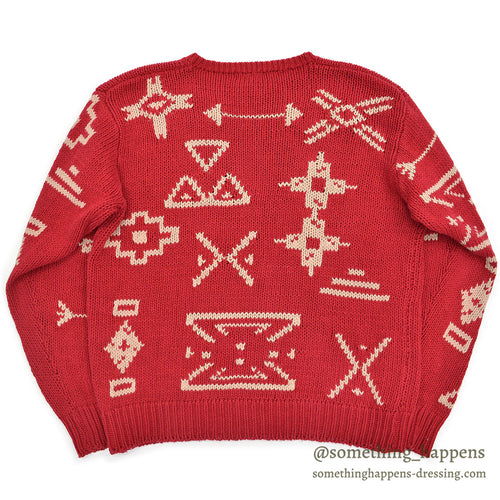 1980s J.CREW NATIVE PATTERN LINEN COTTON SWEATER / RED AND WHITE ... M
