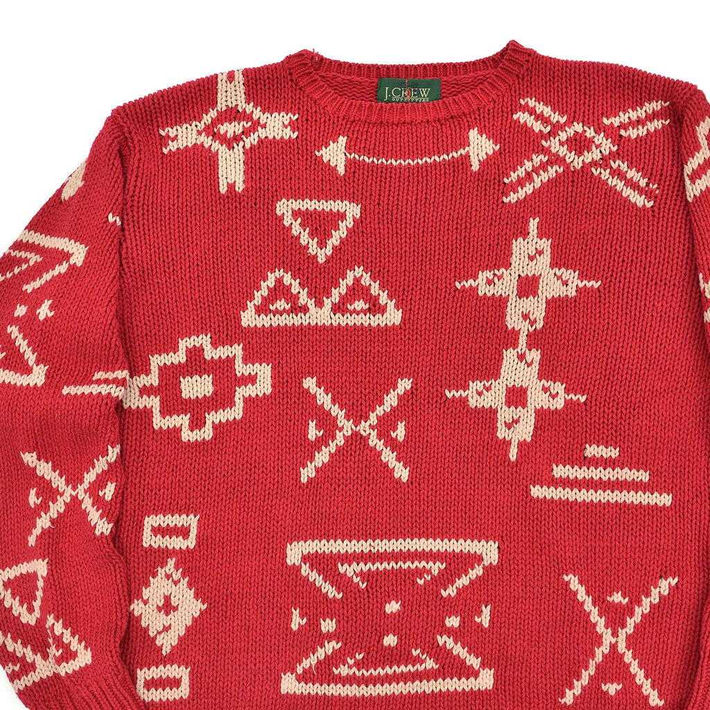 1980's J.CREW NATIVE PATTERN LINEN COTTON SWEATER / RED AND WHITE ... M