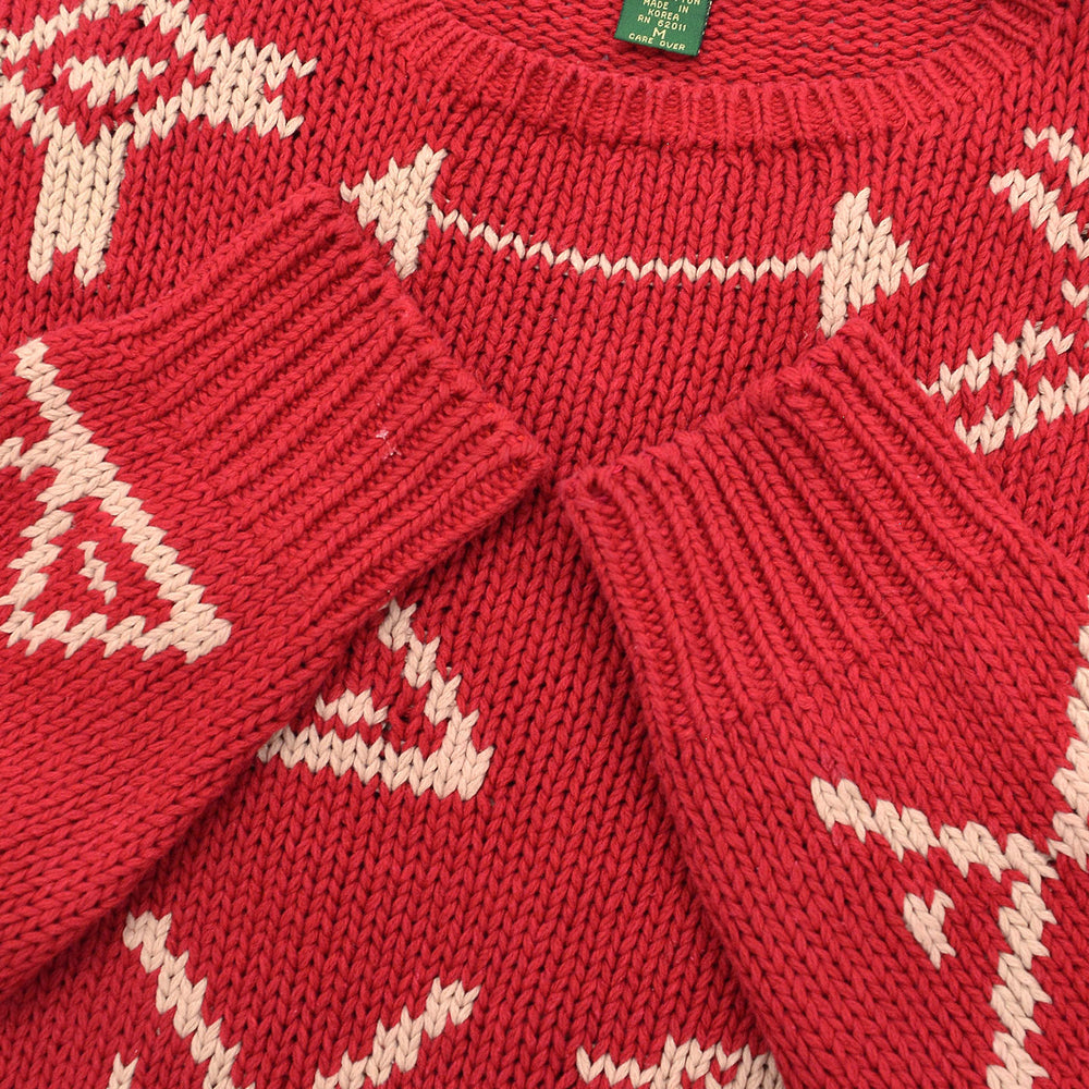 1980s J.CREW NATIVE PATTERN LINEN COTTON SWEATER / RED AND WHITE ... M