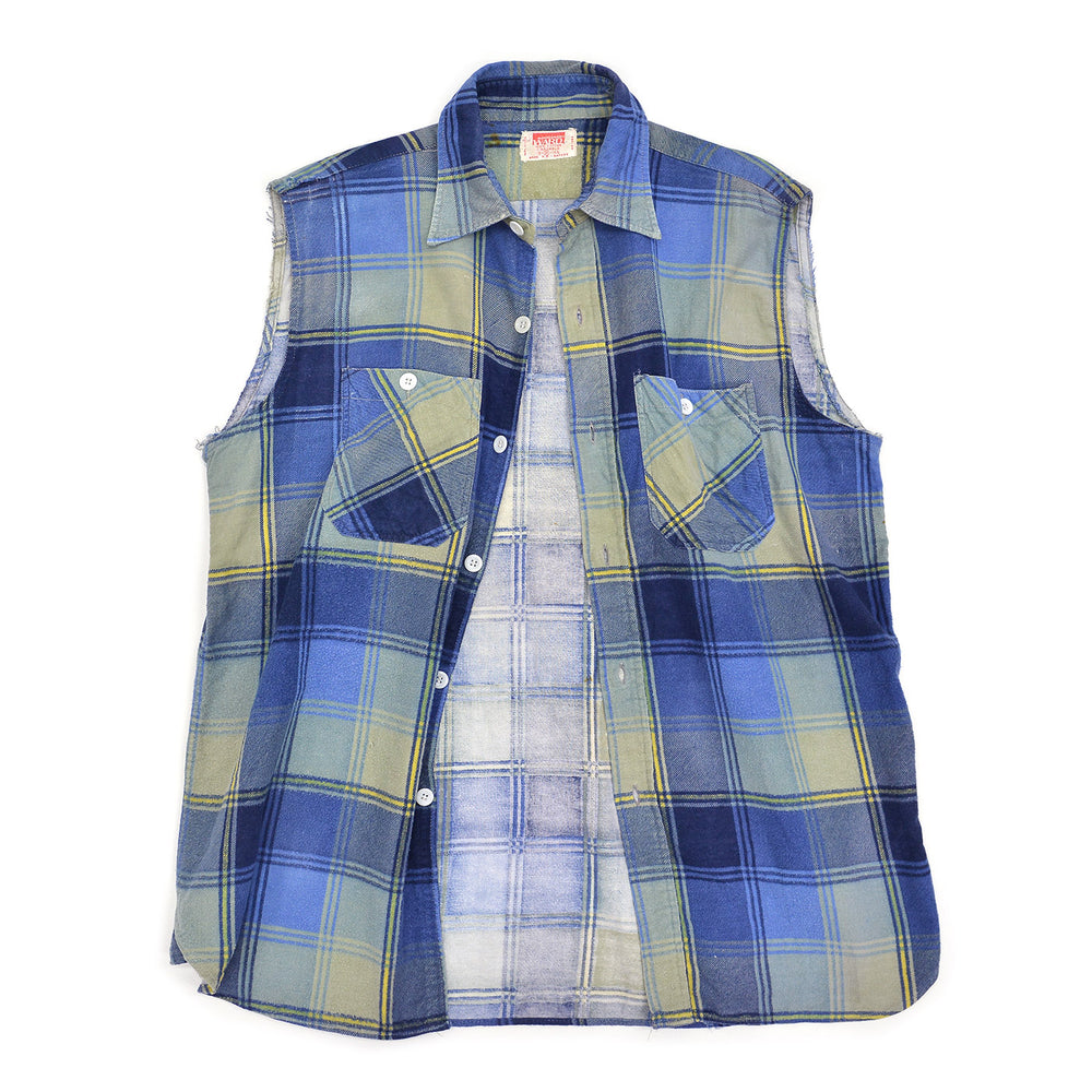 1960s MONTGOMERY WARD PLAID PRINT FLANNEL SHIRT / CUT-OFF ... M