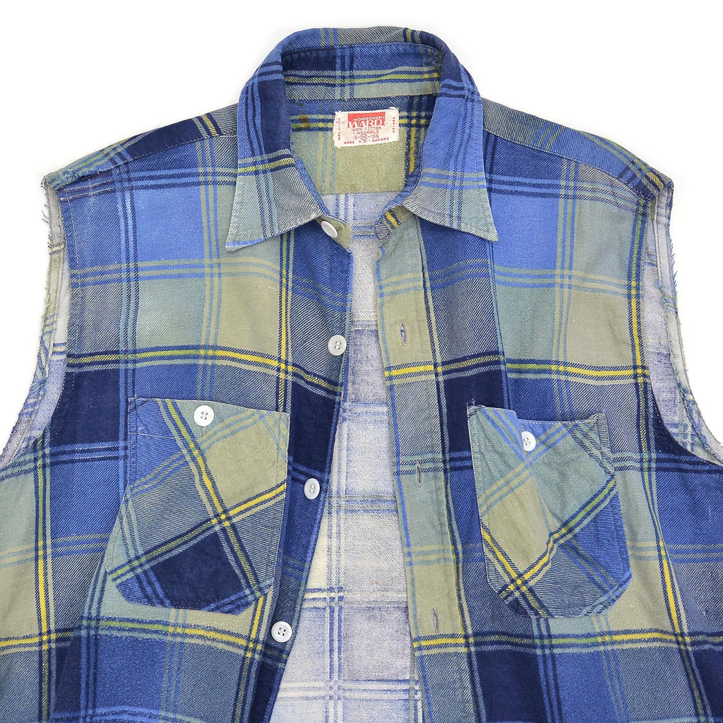 1960s MONTGOMERY WARD PLAID PRINT FLANNEL SHIRT / CUT-OFF ... M
