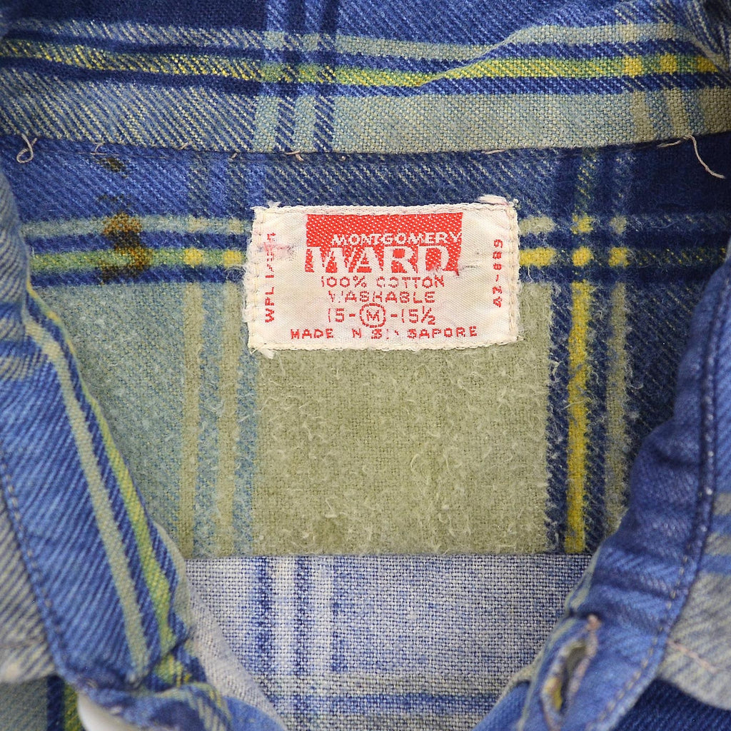 1960s MONTGOMERY WARD PLAID PRINT FLANNEL SHIRT / CUT-OFF ... M