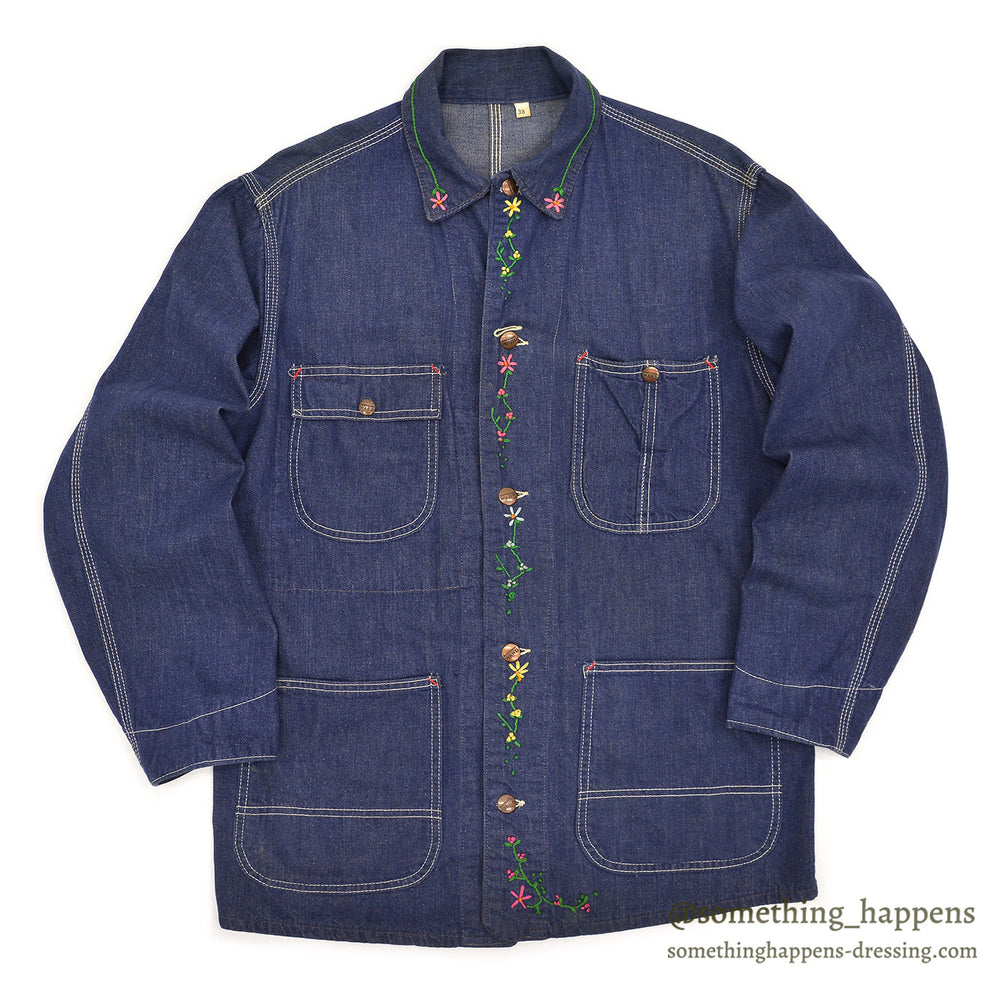 1960s~ MONTGOMERY WARD HIPPIE EMBROIDERED DENIM COVERALL ... 38