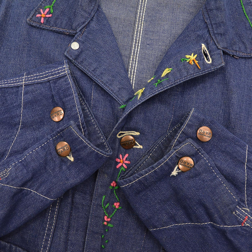 1960's~ MONTGOMERY WARD HIPPIE EMBROIDERED DENIM COVERALL ... 38