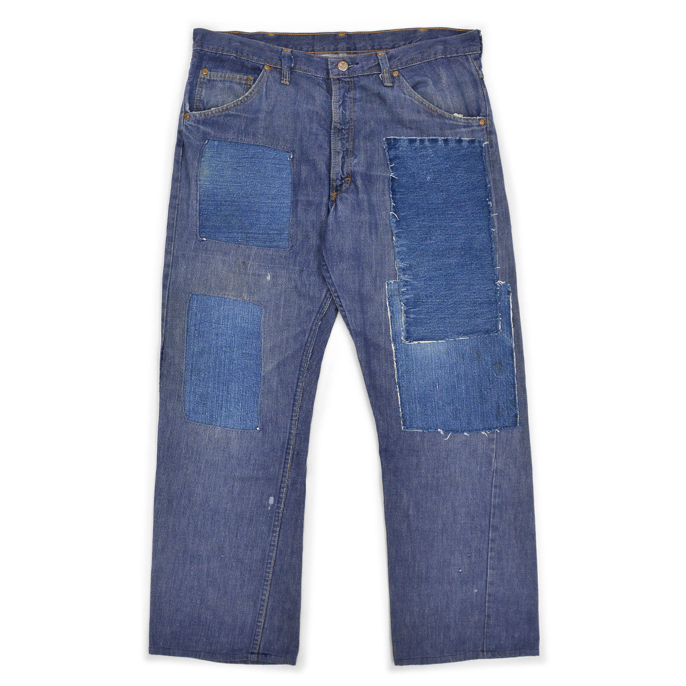 1970's MONTGOMERY WARD PATCHWORK CUSTOMIZED VAT DYE DENIM PANTS ... W37/L29