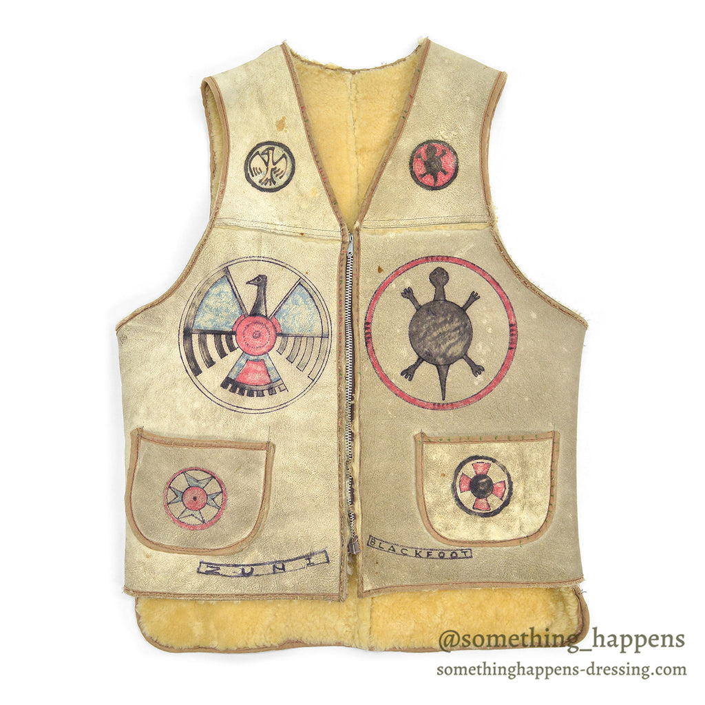 ~1960's NATIVE AMERICAN SYMBOLIC ARTWORK CUSTOM SHEARLING VEST...